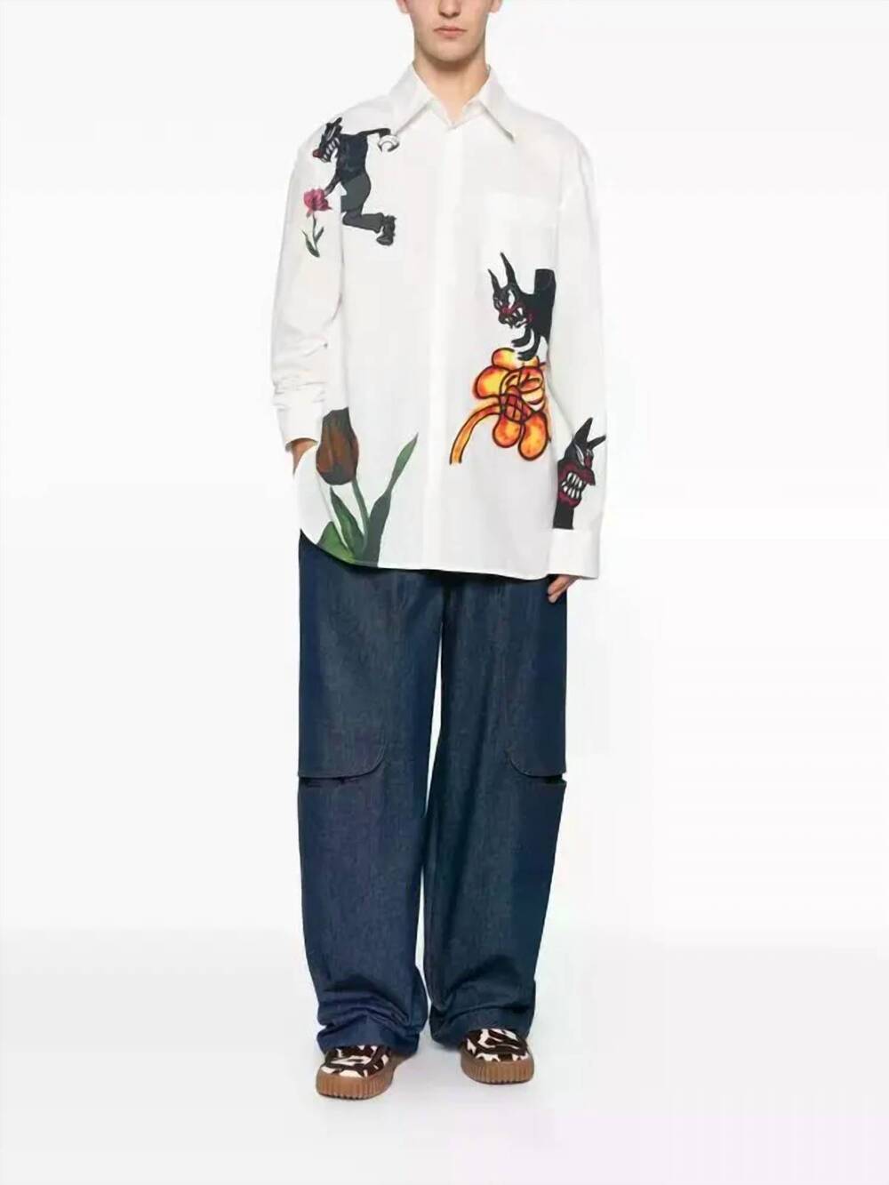 NEW MARNI wolfs & tulip poplin printed shirt in lily white